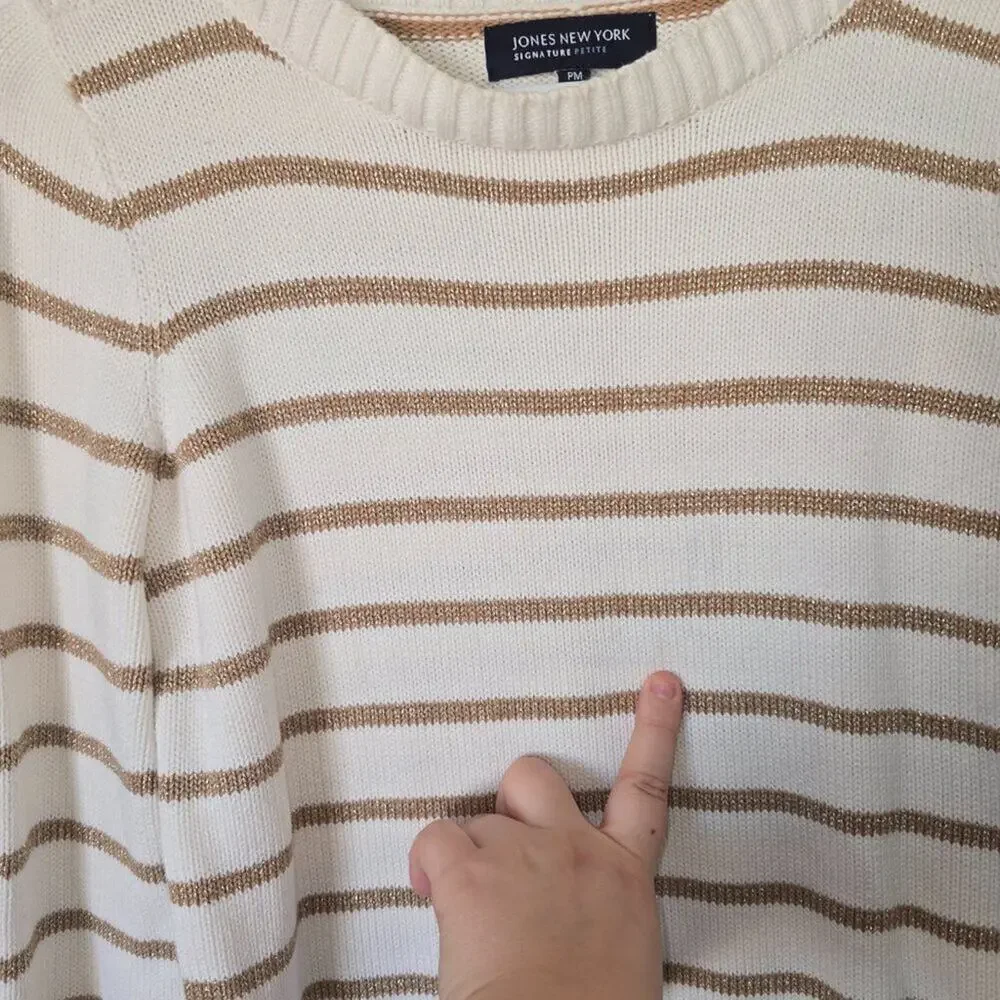 Jones New‎ York Cream Gold Striped Shiny Crew Neck Sweater Petite Medium